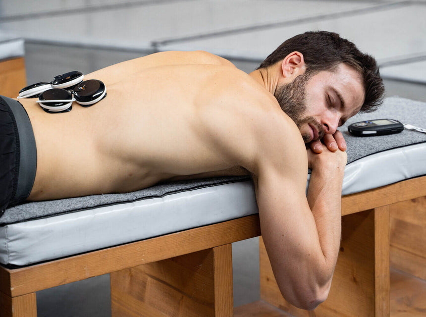 A man treating Lumbago with Compex electrostimulation