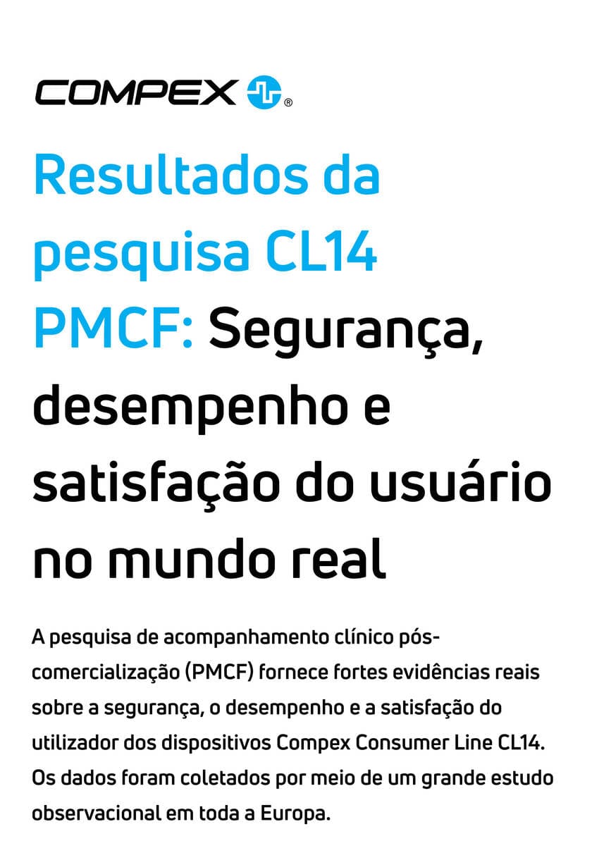 Cartaz com os resultados da pesquisa PMCF do Compex CL14 com texto sobre segurança, desempenho e satisfação do usuário.