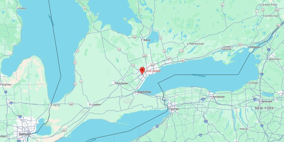 Map indicating the location of Compex Canada's customer services team