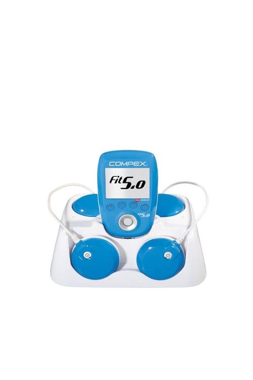 The Compex FIT 5.0 EMS muscle stimulator with 2 modules in its docking station