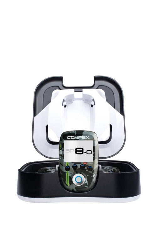 The Compex SP 8.0 WOD Edition EMS muscle stimulator in its docking station