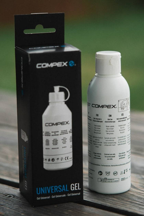 A bottle of Compex Electrode Gel next to its box