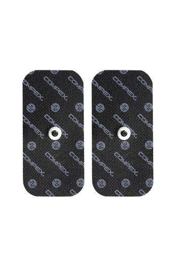 A pair of large 1-snap Compex electrodes for electrical muscle stimulation (EMS)