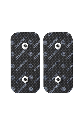 A pair of large 2-snap Compex electrodes for electrical muscle stimulation (EMS)