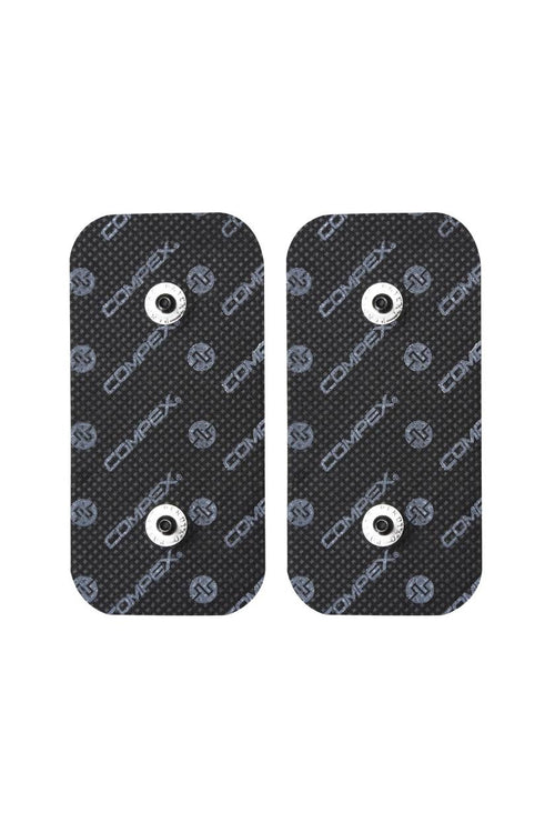 A pair of large 2-snap Compex electrodes for electrical muscle stimulation (EMS)