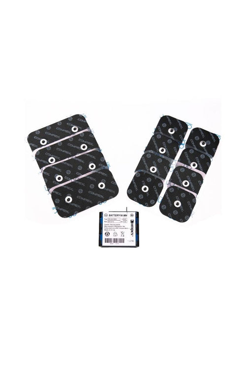 Compex Battery Electrode Pack, featuring electrodes an a battery for an EMS muscle stimulator