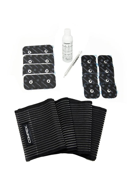 The Compex Quads Electrode Pack, featuring electrodes, electrode gel, motor point pen and elastic straps for electrical muscle stimulation (EMS)
