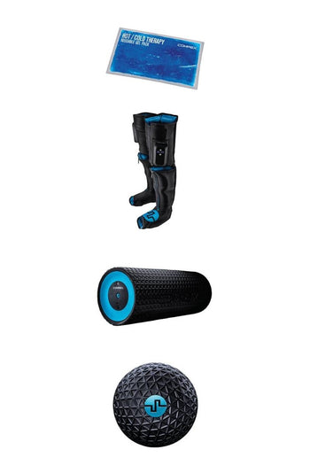 Compex Regeneration Pack featuring: Compex Ayre wireless compression boots, Compex Ion vibrating massage roller, Compex Molecule vibrating massage ball, and hot & cold gel packs
