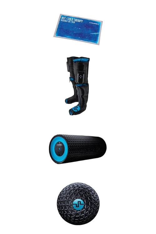 Compex Regeneration Pack featuring: Compex Ayre wireless compression boots, Compex Ion vibrating massage roller, Compex Molecule vibrating massage ball, and hot & cold gel packs