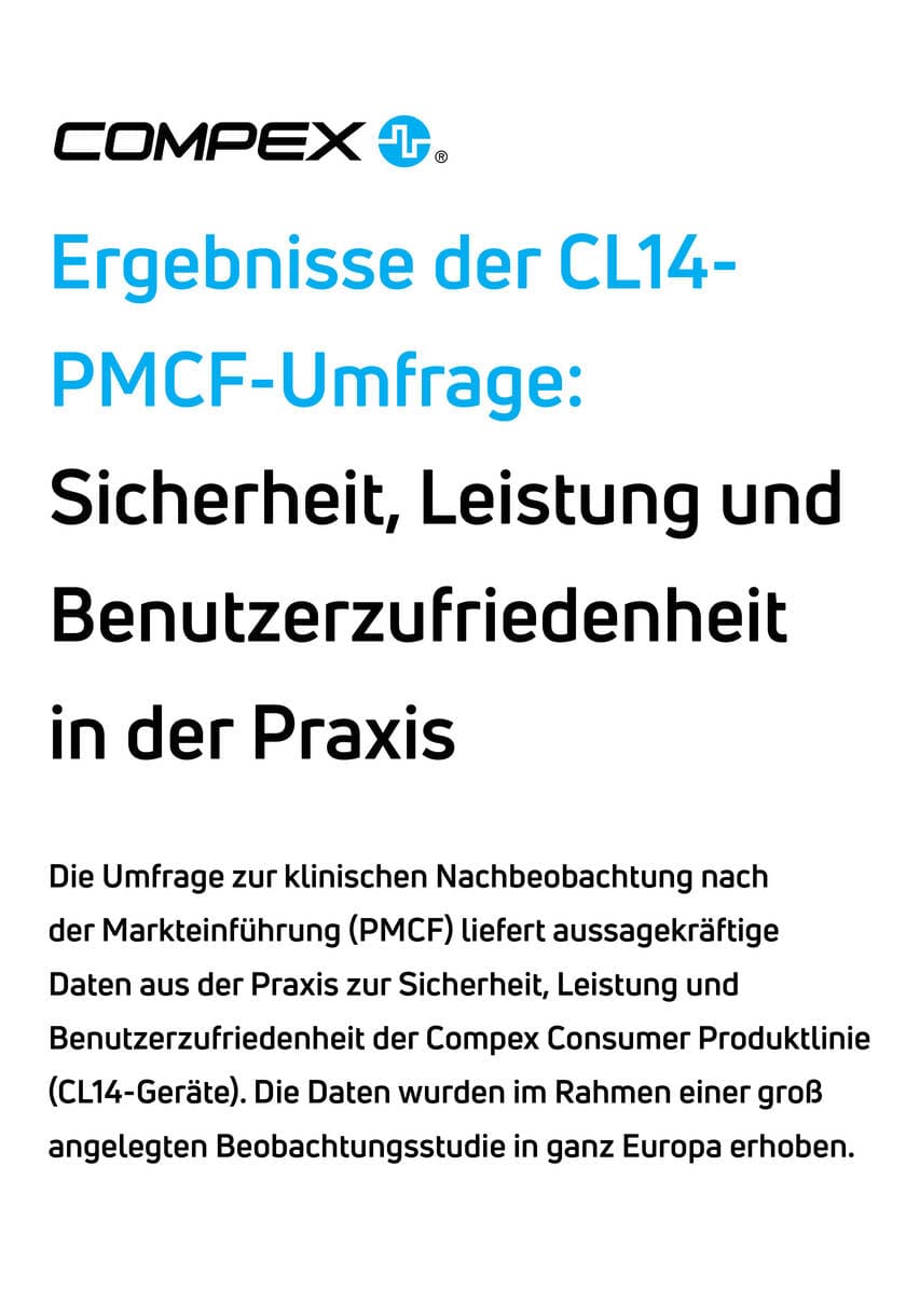 Compex CL14 PMCF-Umfrageergebnisse Poster mit Text zu Sicherheit, Leistung und Benutzerzufriedenheit.