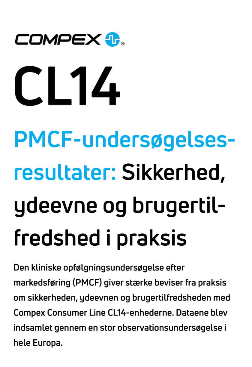 Compex CL14 PMCF Undersøgelsesresultater plakat med tekst om sikkerhed, ydeevne og brugertilfredshed.