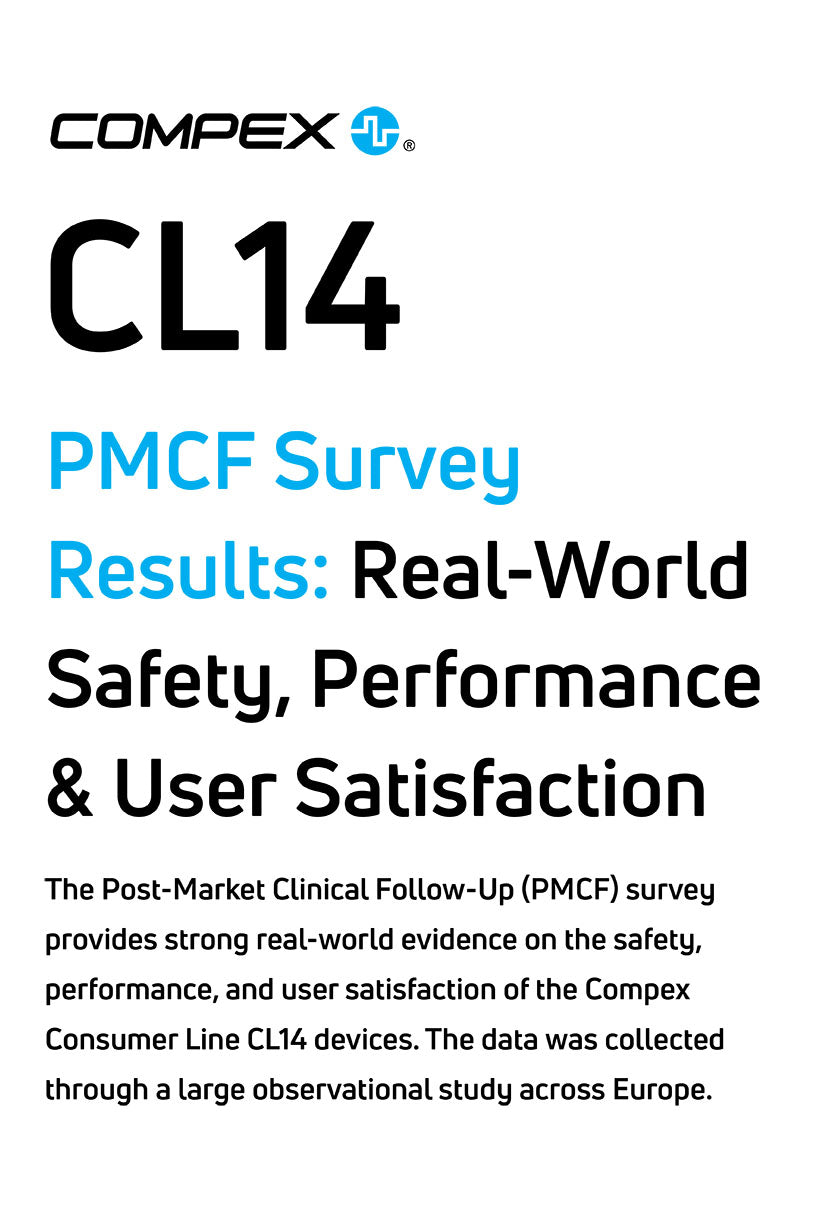 Compex CL14 PMCF Survey results poster with text about safety, performance, and user satisfaction.