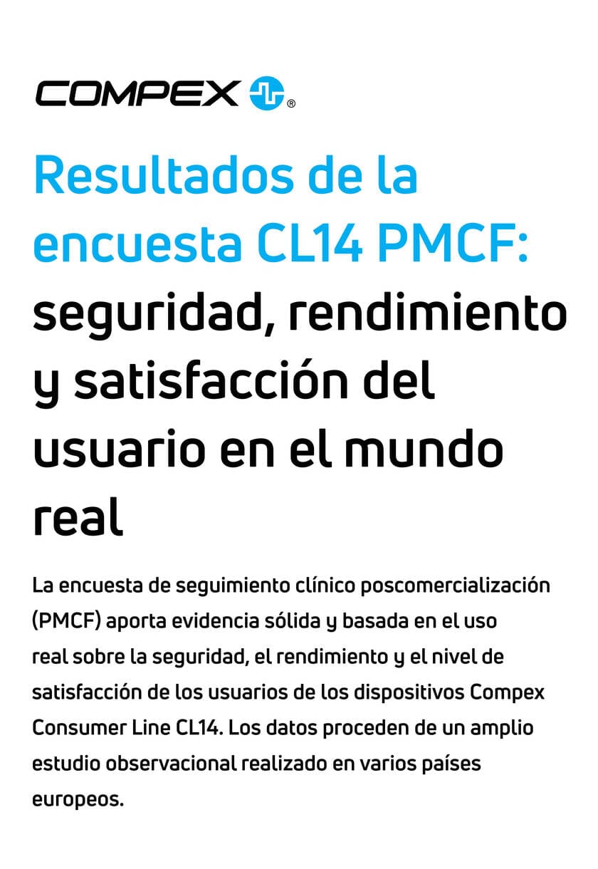 Cartel con los resultados de la encuesta PMCF sobre el Compex CL14, con texto sobre seguridad, rendimiento y satisfacción de los usuarios.
