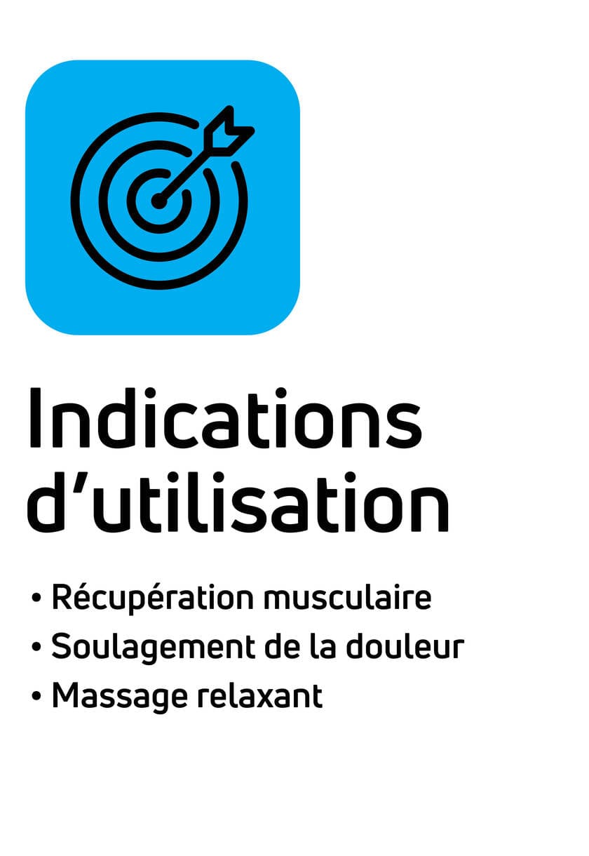 Indications d'utilisation : récupération musculaire, soulagement de la douleur et massage relaxant