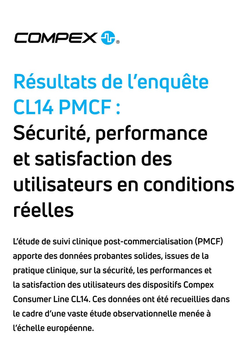 Affiche présentant les résultats de l'enquête PMCF sur le Compex CL14, avec des informations sur la sécurité, les performances et la satisfaction des utilisateurs.