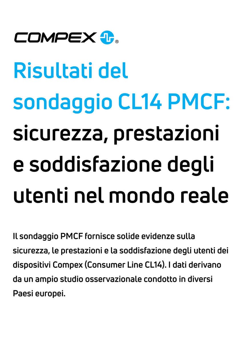 Compex CL14 PMCF Poster con i risultati del sondaggio e informazioni su sicurezza, prestazioni e soddisfazione degli utenti.