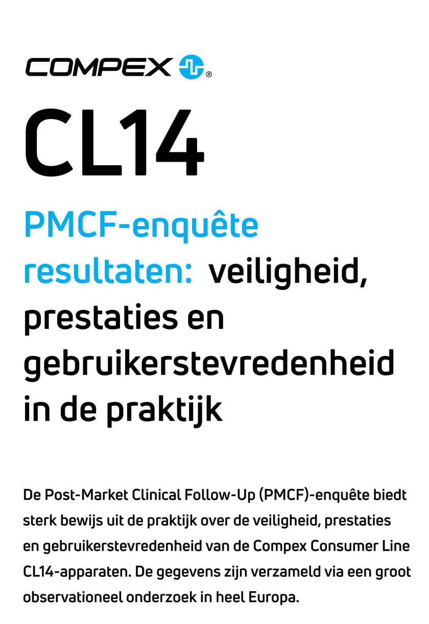 Compex CL14 PMCF-enquête resultaten poster met tekst over veiligheid, prestaties en gebruikerstevredenheid.