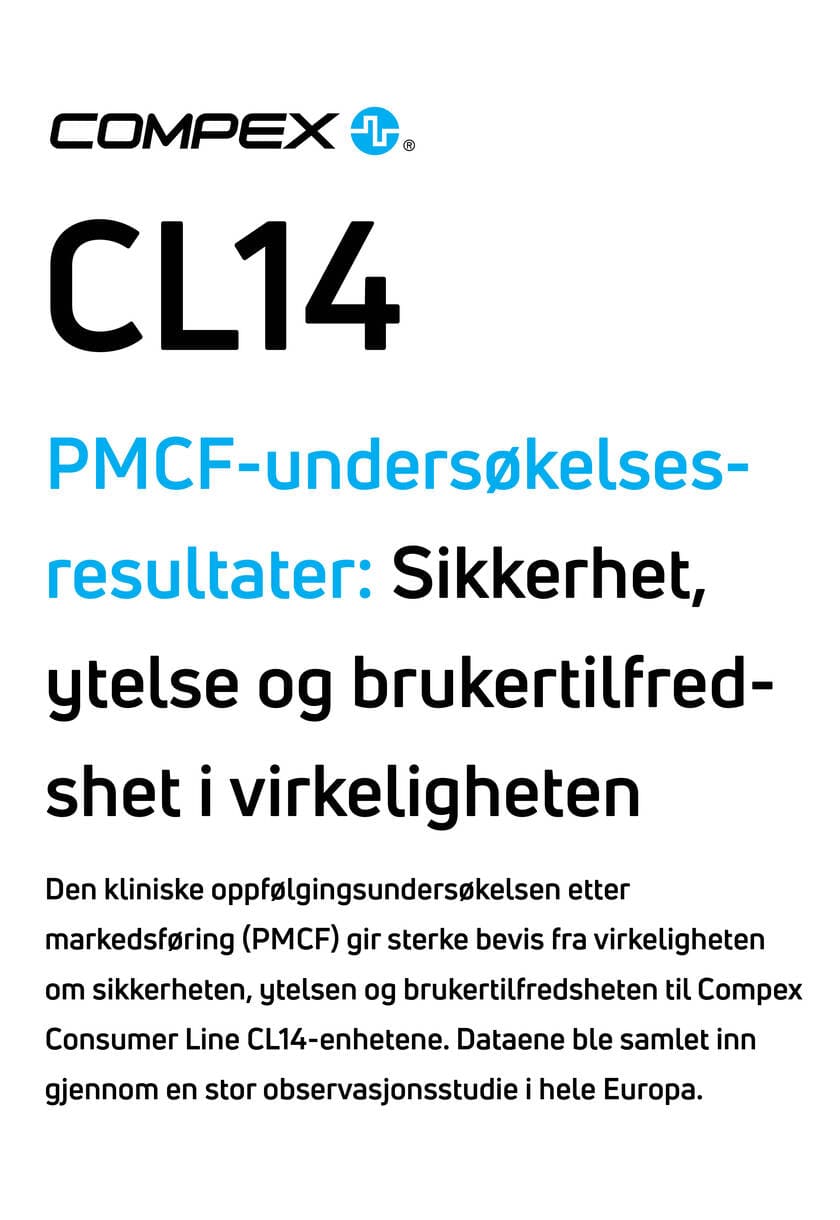 Compex CL14 PMCF Undersøkelsesresultater plakat med tekst om sikkerhet, ytelse og brukertilfredshet.