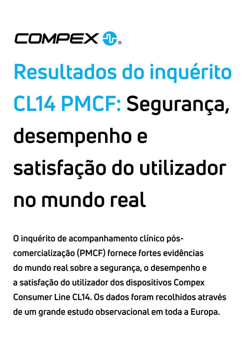 Cartaz com os resultados do inquérito PMCF do Compex CL14 com texto sobre segurança, desempenho e satisfação do utilizador.