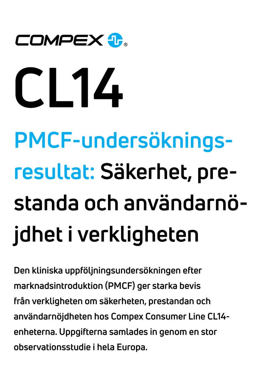 Compex CL14 PMCF Undersökningsresultat i form av affisch med text om säkerhet, prestanda och användarnöjdhet.