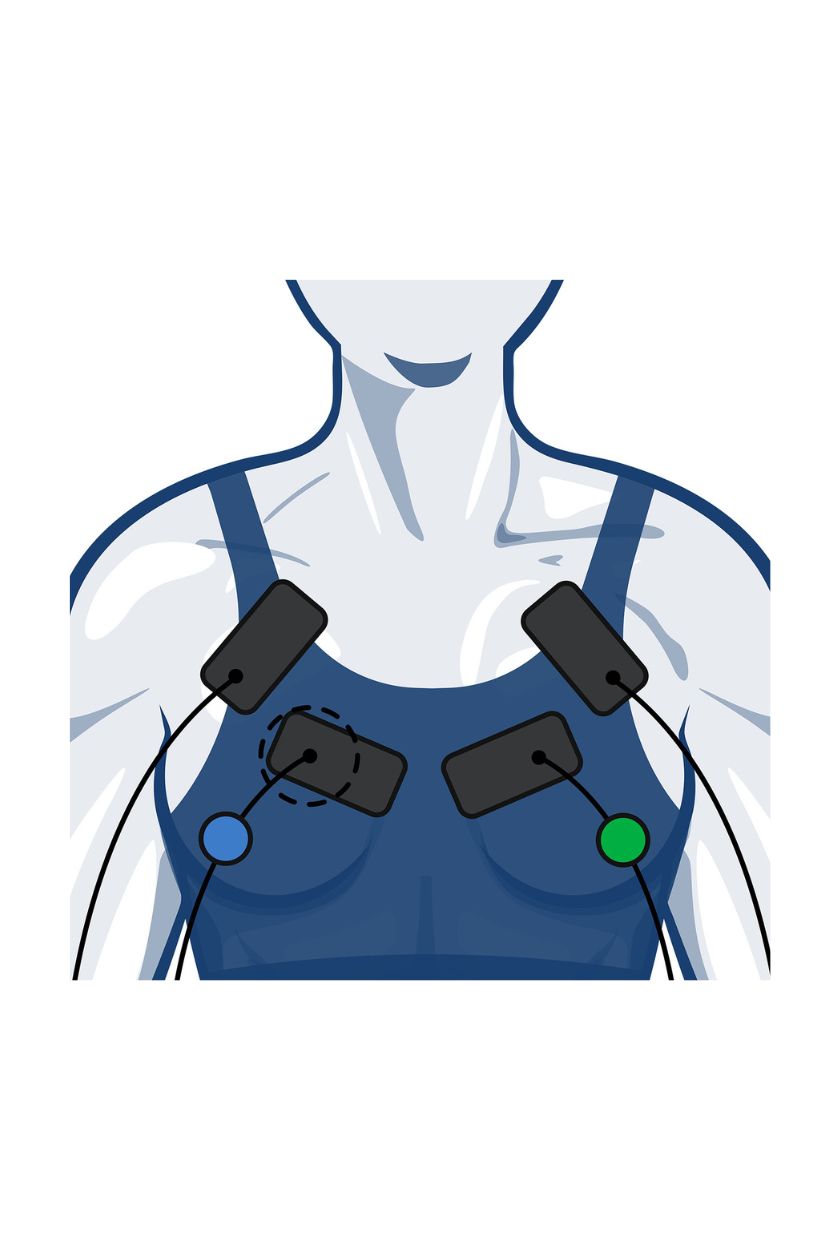 Chest electrode placement for women with wired Compex EMS muscle stimulator